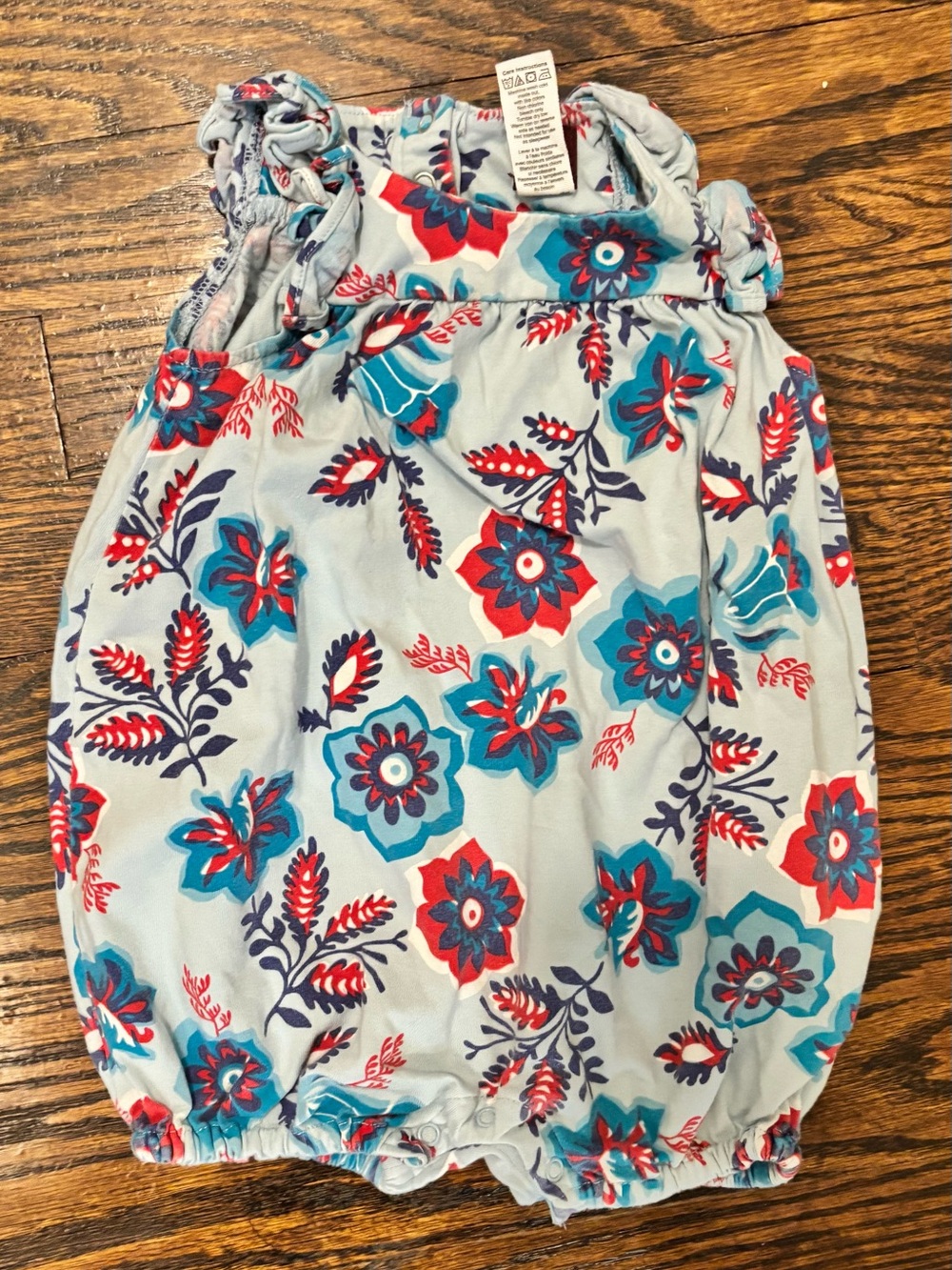 Tea Collection Blue Floral One-Piece Romper with Red & Teal Accents
